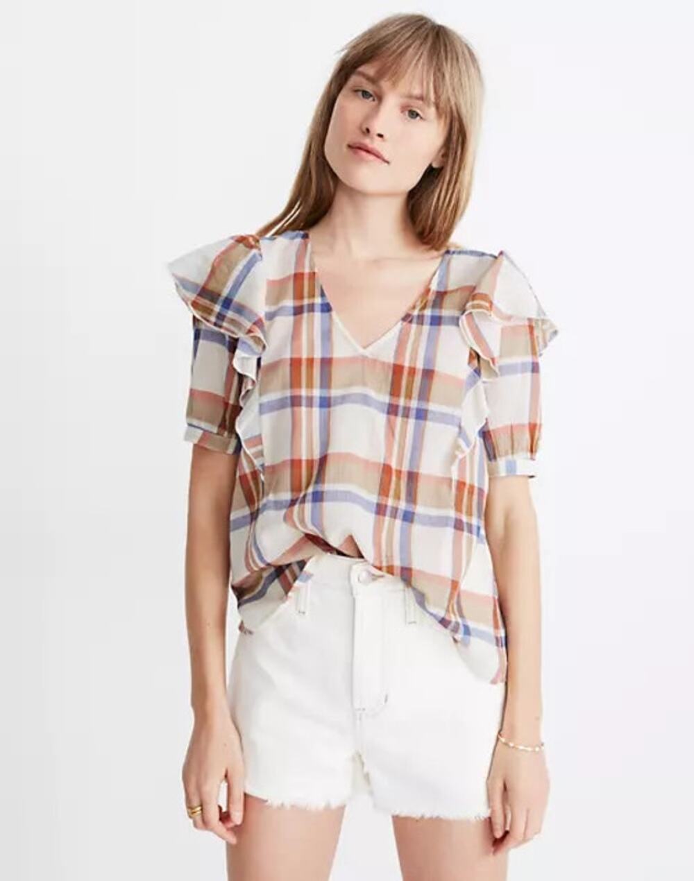 Madewell V-Neck Shoulder-Ruffle Top Shady Plaid Rusted Tin Size XS